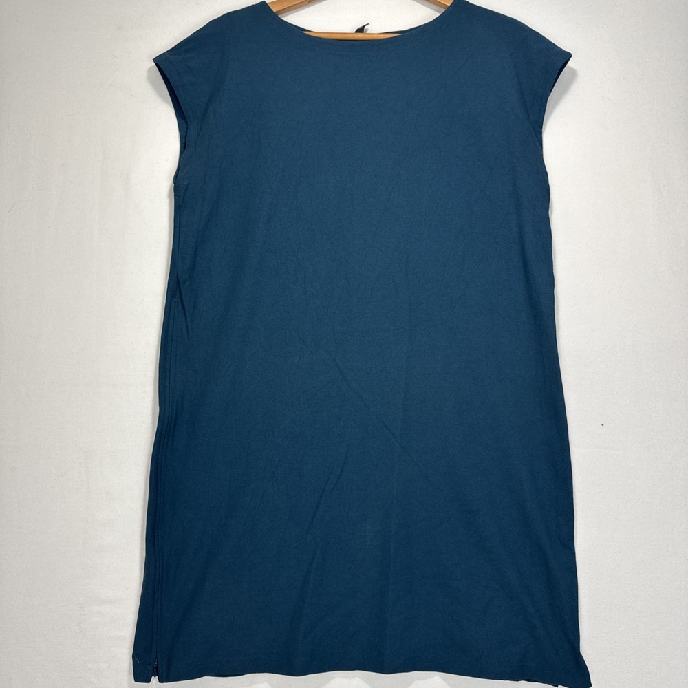 Eileen Fisher Dress Shirt Sleeveless‎ Womans L Blue Teal Stretch Comfy